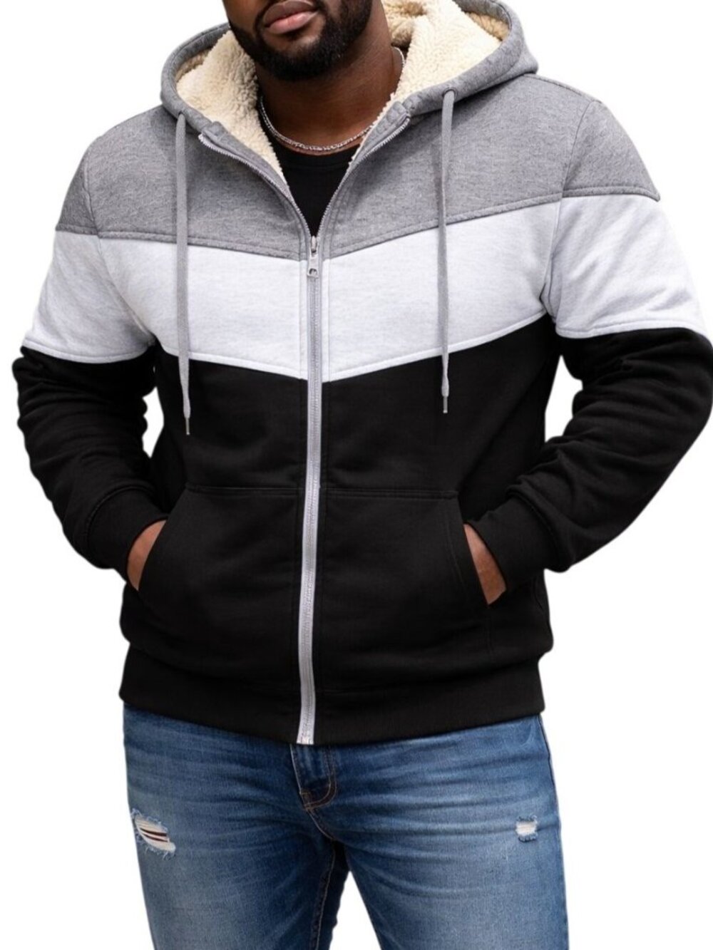 Aielvin Mens Size XXL Jacket Thermal Sherpa Lined Fleece Hoodie Grey Black